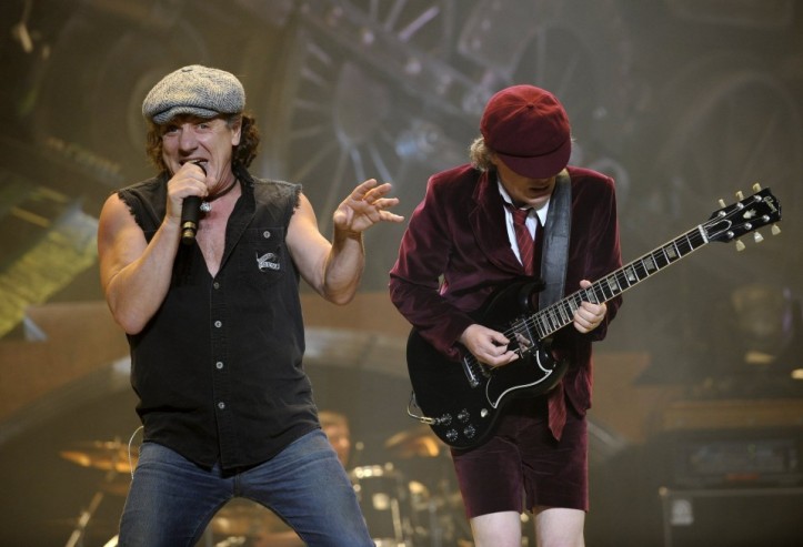 AC/DC vocalist Brian Johnson performing with guitarist Angus Young
